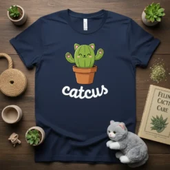 Navy blue t-shirt featuring a kawaii green cactus with cat ears and paws, labeled "Catcus" in white lettering