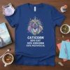 Caticorn design featuring a lion-like creature with a unicorn horn and rainbow mane, text reads CATICORN 50% CAT 50% UNICORN
