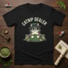 Catnip Dealer t-shirt design featuring a cool cat wearing sunglasses and a hat, surrounded by bags of catnip