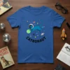 Catronaut T-Shirt with a blue cat wearing a space helmet and floating in space among planets and stars