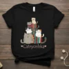 Catryoshka t-shirt design with stacked cats resembling Russian dolls, featuring pink hearts and playful typography