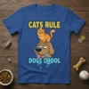 Cats Rule Dogs Drool funny cat and dog graphic t-shirt design with yellow text and cartoon animals