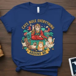 Cats Rule Everything Around Me quote with regal cat and surrounding felines graphic on a blue t-shirt