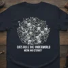 Cats Rule The Underworld Meow And Eternity text on a dark t-shirt with a circular design of black and white