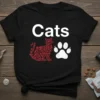 Black t-shirt with "Cats" text and a red decorative cat silhouette next to a white paw print
