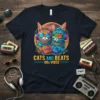 Cats and Beats 80s Vibes text with two cats wearing headphones and sunglasses on a t-shirt design