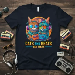 Cats and Beats 80s Vibes text with two cats wearing headphones and sunglasses on a t-shirt design