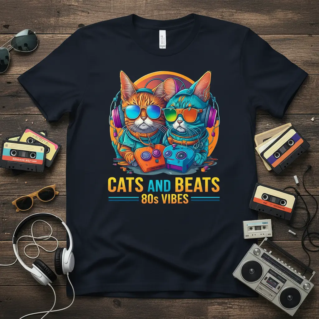 Cats and Beats 80s Vibes T-Shirt Retro Music Lover Gift