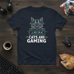 Cats and Gaming text with a stylized cat wearing headphones and holding game controllers, on a navy t-shirt