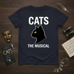 Cats The Musical t-shirt featuring white text "CATS" above a black cat silhouette and white text "THE MUSICAL" below