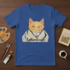 CatVanGough T-Shirt featuring an orange cat in a style reminiscent of Van Gogh's self-portraits, text reads "CatVanGough"