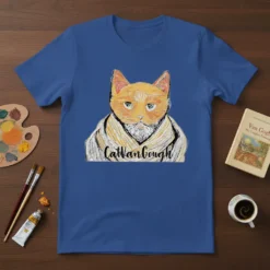 CatVanGough T-Shirt featuring an orange cat in a style reminiscent of Van Gogh's self-portraits, text reads "CatVanGough"