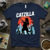 CatZilla text above a silhouette of a giant cat battling mice in a city, navy blue t-shirt design