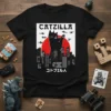CatZilla Japanese Cat Monster T-Shirt design featuring a black cat in front of a red sun and city skyline with