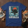 Catzilla t-shirt design featuring a black cat monster in Japanese art style with waves and sun