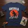 CATZILLA 怪獣猫 T-Shirt featuring a black cat monster destroying a city under a red sun, in a retro kaiju style