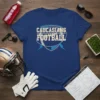 Caucasians Football team logo t-shirt design in blue with white and light blue text and football graphic