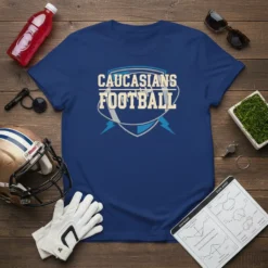 Caucasians Football team logo t-shirt design in blue with white and light blue text and football graphic