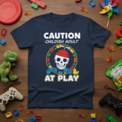Caution Childish Adult At Play t-shirt design with a skull wearing a beanie and holding controllers, surrounded by building blocks