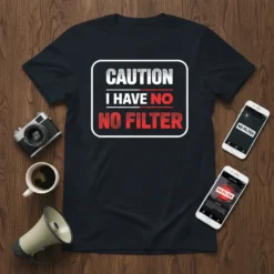 Caution I Have No Filter quote in bold white and red text on a black t-shirt, framed by a white