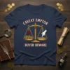 Caveat Emptor Buyer Beware t-shirt design with scales of justice and coins, featuring a question mark and pointing hand