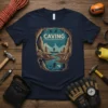 Caving Cave Diving & Exploration T-Shirt design featuring divers and a boat in a cave with text