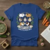 Cavy Club Guinea Pig Lovers Unite! text with illustration of six guinea pigs in a circle on a blue t-shirt