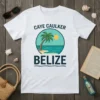 Caye Caulker Belize text with a circular graphic of a palm tree on a beach and ocean, on a white