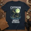 Cayman Night Strike t-shirt design with three alligators, a full moon, and lightning graphics