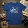 Blue t-shirt featuring a CB J nautical logo with a sailboat on waves