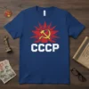 Blue t-shirt featuring the CCCP logo with a red star, hammer, and sickle symbol, representing the Soviet Union