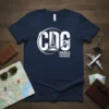 Navy t-shirt with white CDG Paris France design featuring Eiffel Tower and airplane graphic