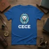 CECE name t-shirt with a blue and white stylized lion head graphic above the text