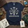 Navy t-shirt with a cream-colored tree design adorned with various insects and the text "celebrate diversity" below