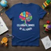 Colorful brain tree graphic with text "Celebrate Minds of All Kinds" on a blue t-shirt for autism awareness