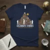 T-shirt design with text "CELEBRATE STORIES EXPLORE NEW WORLDS" above a graphic of a pyramid of books with silhouetted people