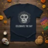 Celebrate The Day t-shirt with a grey sugar skull graphic and decorative floral border