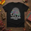 Black t-shirt with a colorful elephant mandala and text "CELEBRATE THE SPIRIT OF INDIA"