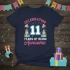 T-shirt with "Celebrating 11 Years Of Being Awesome" text, balloons, gifts, and confetti for an 11th birthday celebration