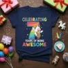 Celebrating 7 Years of Being Awesome t-shirt with a unicorn hugging a sloth, colorful text, and number 7 graphic