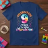Celebrating 9 Years of Being Awesome birthday t-shirt with colorful number 9 and fireworks graphic