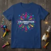 Navy blue t-shirt with "CELEBRATION NIGHT" text in a colorful, starburst graphic design, perfect for parties