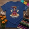 Day of the Dead t-shirt design with skeleton woman, sugar skulls, candles, and "Celebration of Life Day of the Dead"