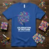 Blue t-shirt with "CELEBRATION OF PATTERN A FUSION OF SHAPES & HUES" text and a colorful abstract spiral graphic