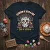 Day of the Dead t-shirt with "Celebration of Sweets & Spirit" text and a colorful sugar skull graphic