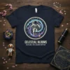 Astronaut floating in a colorful galaxy with text "Celestial Blooms Explore The Cosmos Within" on a navy t-shirt