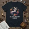 Celestial Blossom Unicorn t-shirt design with a white unicorn surrounded by flowers, moon, and stars