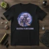Celestial Feline Blooms t-shirt design with cute cat-shaped flowers in a starry cosmic circle