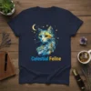 Celestial Feline t-shirt with a colorful, stylized cat portrait against a starry night sky background