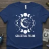 Celestial Feline t-shirt design featuring a cat silhouette within a moon phase circle and stars